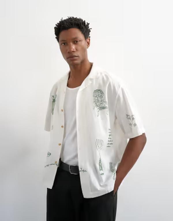 トップマン メンズ トップス シャツ リラックスフィット レース リネン Topman relaxed fit linen mix shirt with all over placement embroidery in ecru エクリュ