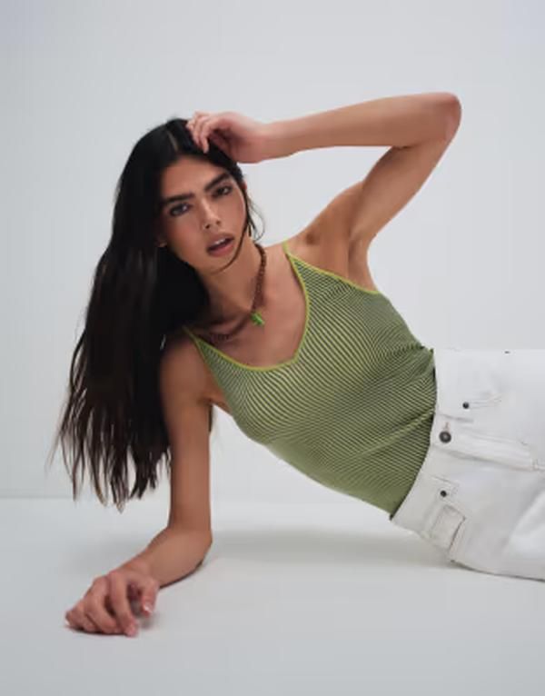 アンドアザーストーリーズ レディース トップス Tシャツ Vネック リブ Other Stories ribbedeep vneck tank top in olive GREEN グリーン
