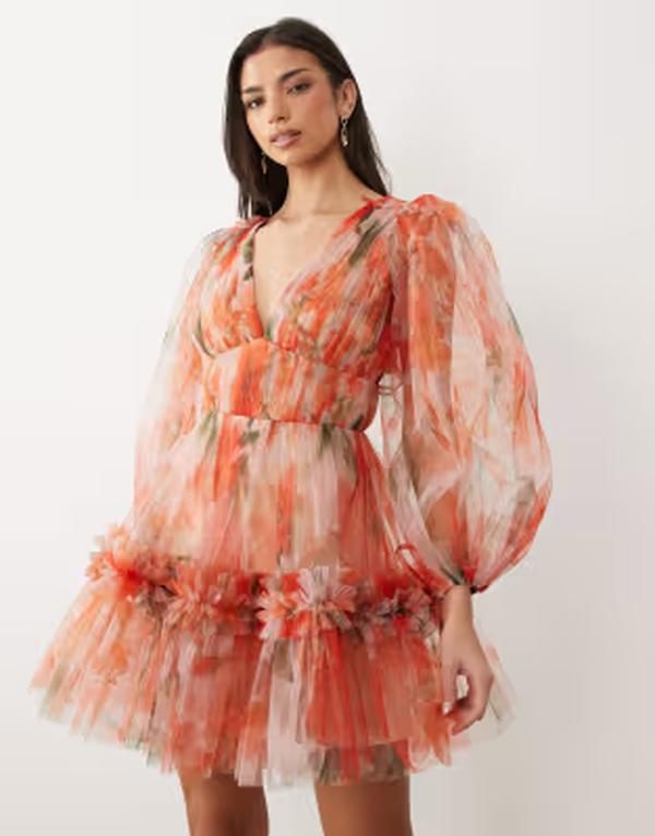 レース アンド ビーズ レディース トップス ワンピース Vネック バルーンスリーブ プリント ミニ Lace Beads organza vneck balloon sleeve mini dress in bright orange poppy print