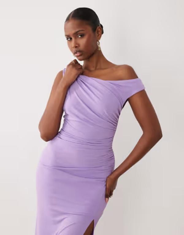 ティエフエヌシー レディース トップス ワンピース TFNC slinky fallen shoulder thigh slit midaxi dress in lilac ライラック