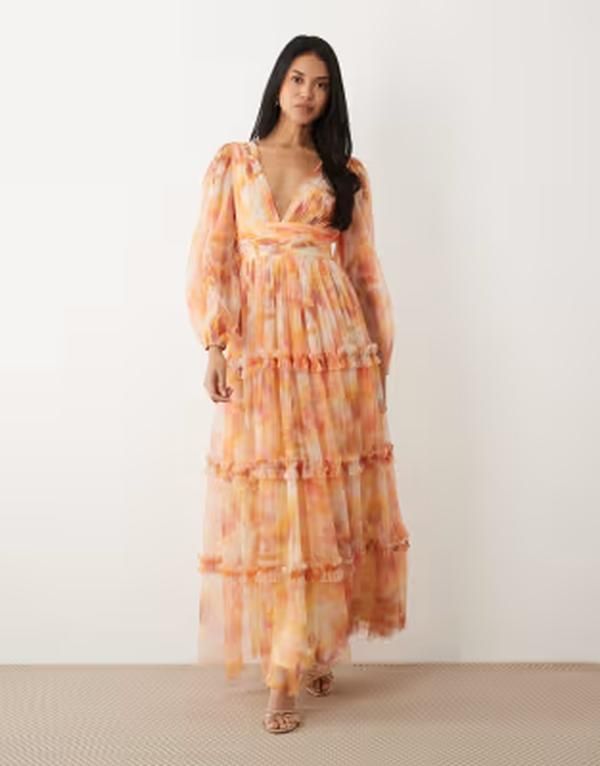 レース アンド ビーズ レディース トップス ワンピース Vネック チュール バルーンスリーブ フラワー柄 マキシ フラワー Lace Beads tulle vneck long balloon sleeve maxi dress in yellow flo