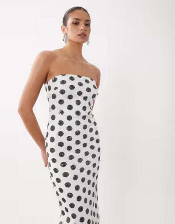 レア レディース トップス ワンピース ドット柄 ドット スパンコール マキシ Rare London bandeau sequin maxi dress in mono polka dot MONO ドット