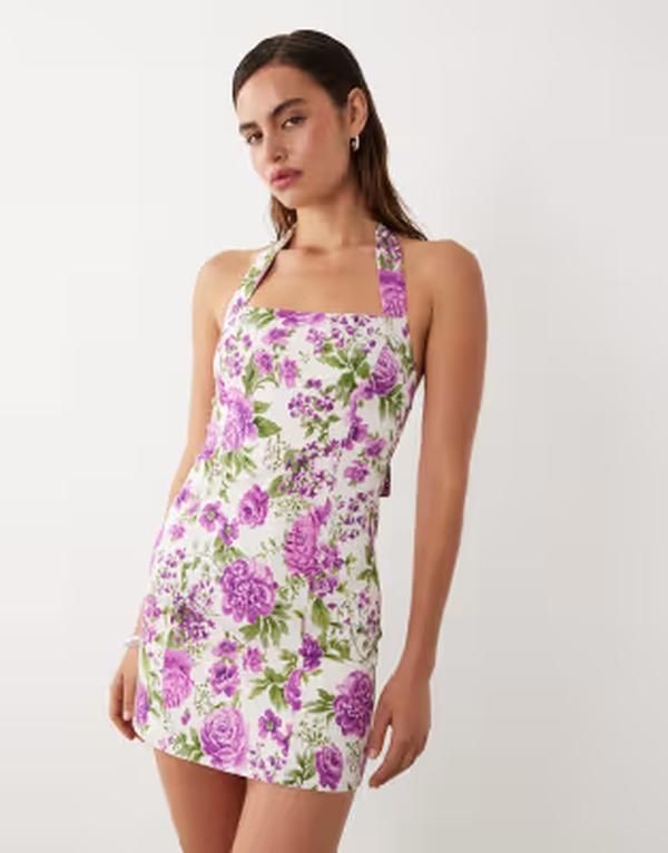 マンゴ レディース トップス ワンピース フラワー柄 プリント ミニ フラワー ホルター Mango starring Hailey Bieber halterneck mini dress floral print PINK ピンク