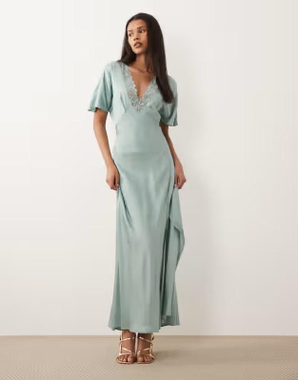 ヴィラ レディース トップス ワンピース Vネック レーストリム サテン レース マキシ VILAce trim vneck satin maxi dressurf Blue surf ブルー