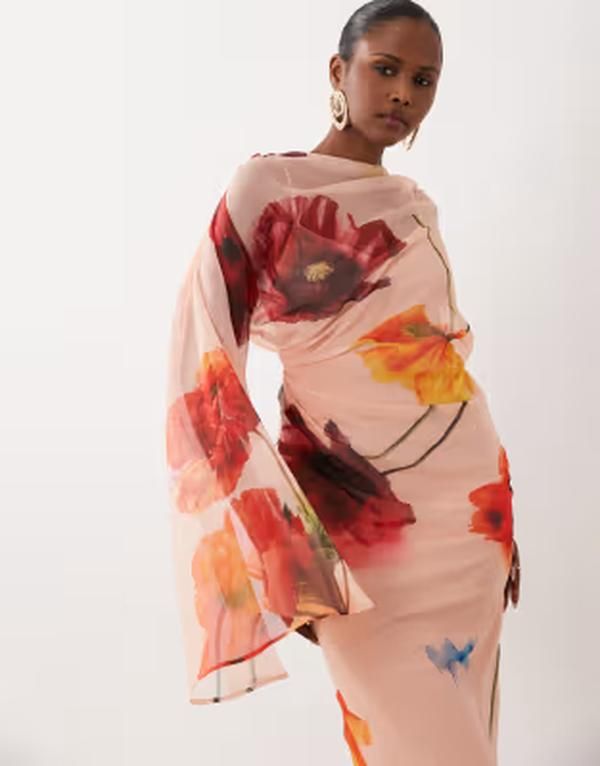 エイソス レディース トップス ワンピース オープンバック ケープデザイン ドレープリント キャップ ケープ ASOS DESIGN kimono sleeve cape detail draped midaxi dress with open back in