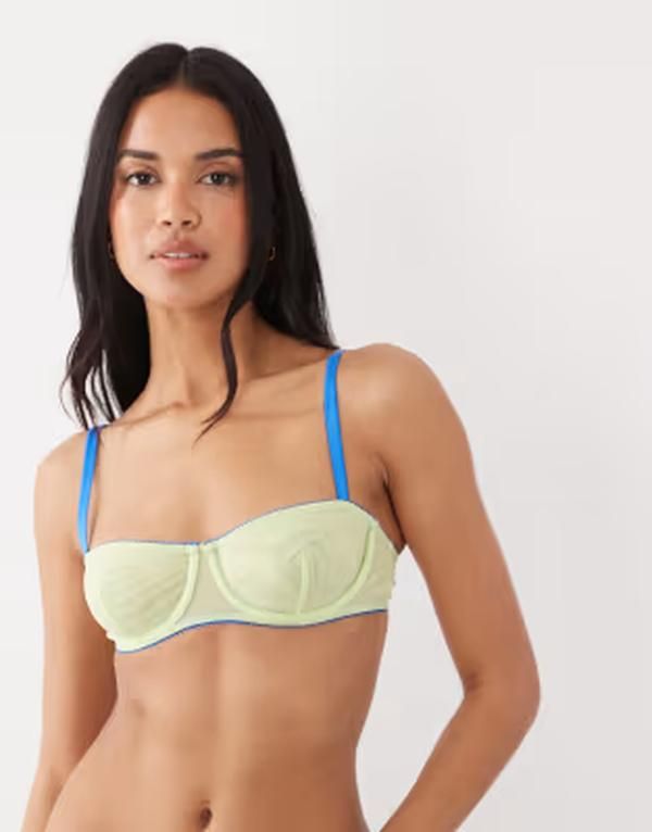 エイソス レディース アンダーウェア ブラジャー メッシュ シアー コントラスト ASOS DESIGN Parker sheer mesh underwire balconette bra with contrastrim in lime cobalt Mu