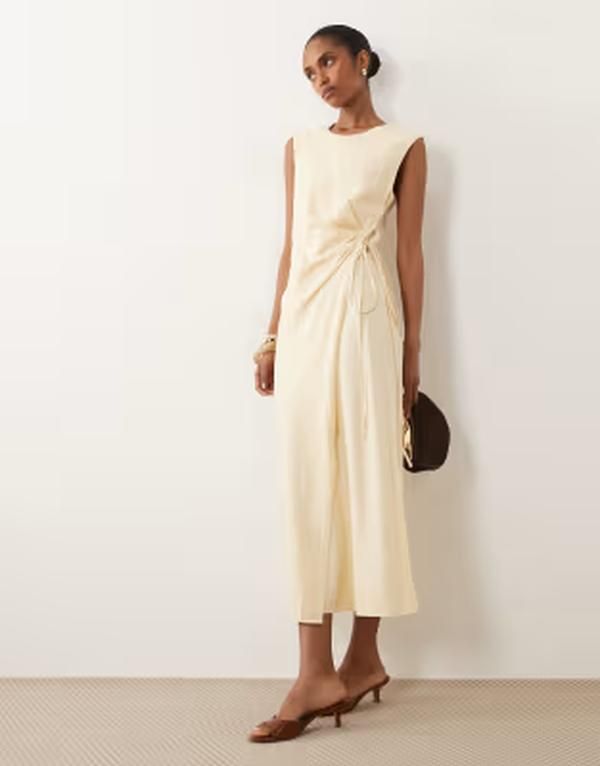 マンゴ レディース トップス ワンピース ミディ ノースリーブ リネン Mango linen mix tie waist sleeveless midi dress in butter yellow イエロー