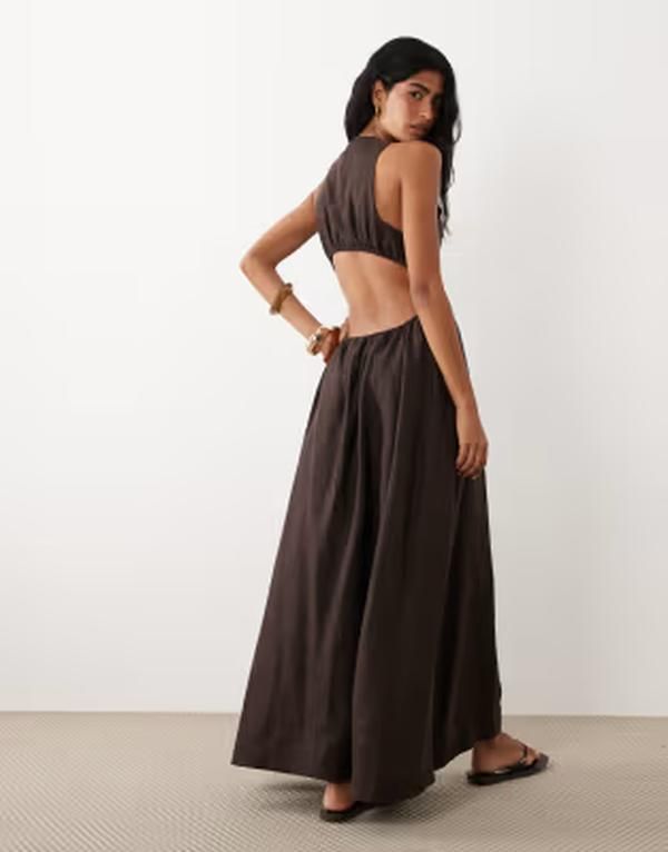 エイソス レディース トップス ワンピース オープンバック リネン マキシ ASOS DESIGN premium 100 linen waisted maxi dress with open back in bitter chocolate Bitter C