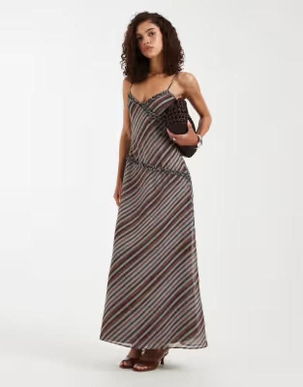 モーテル レディース トップス ワンピース マキシ Motel Angie striped maxi dress Gray brown グレー