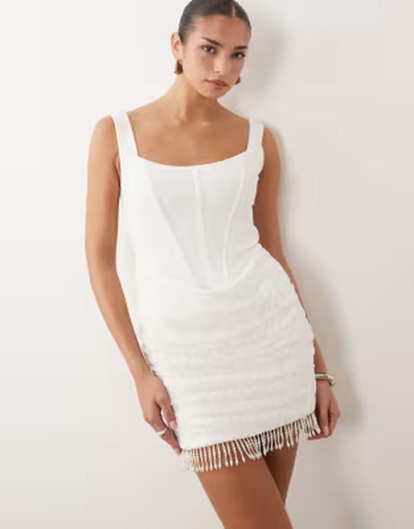 エイソス レディース トップス ワンピース クレープ ドレープ ミニ スカート レース ASOS DESIGN crepe corset mini dress with draped lace skirt and pearl trim White ホワイト