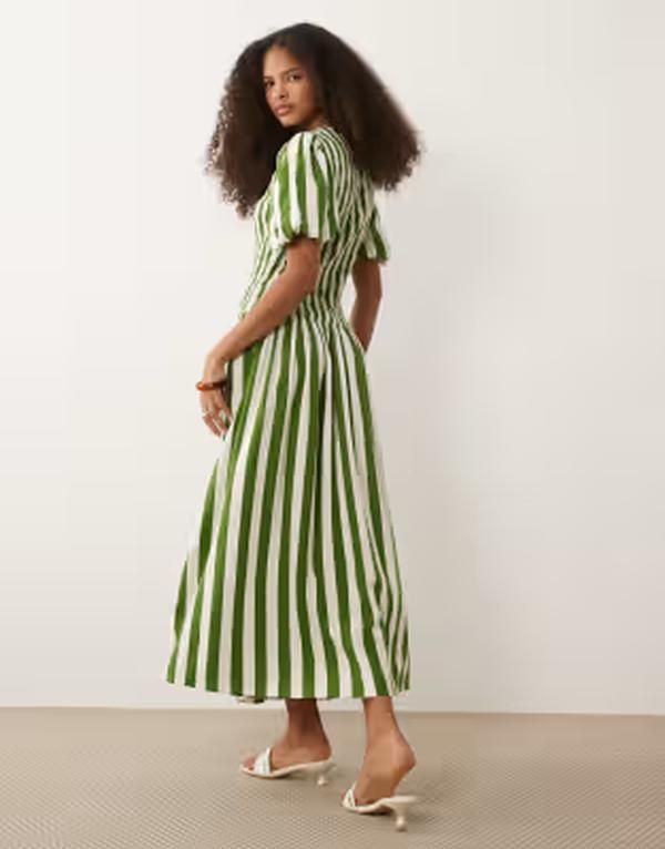 ノーバディーズ チャイルド レディース トップス ワンピース ミディ リネン Nobodys Child Amanda linen blend puff sleeve shirred bodice midi dresstripes Green グリーン