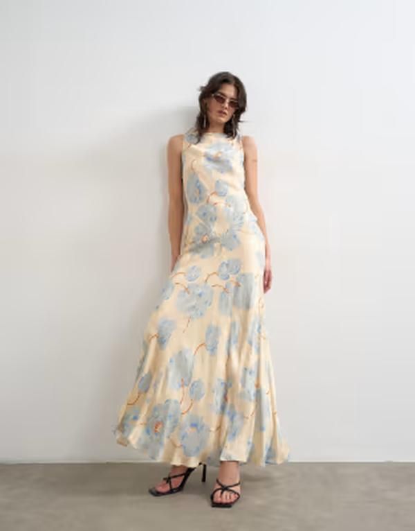 トップショップ レディース トップス ワンピース フラワー柄 サテン マキシ フラワー Topshop satin racer neck maxi dress floral jacquard Floral Print ブルー