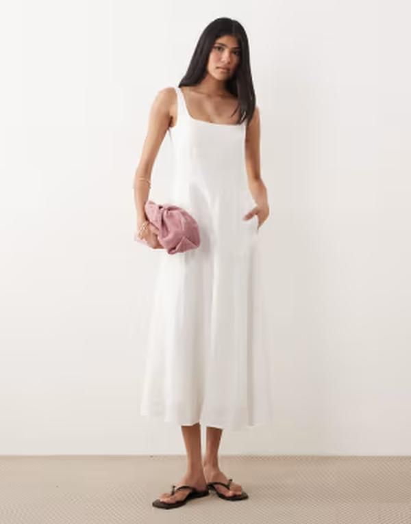 マンゴ レディース トップス ワンピース ノースリーブ リネン マキシ Mango 100 linen square neck sleeveless maxi dress WHITE ホワイト