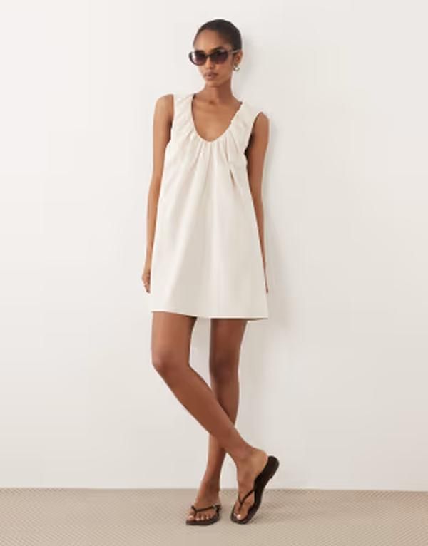 エイソス レディース トップス ワンピース ギャザー ミニ ASOS DESIGN ruched plunge barrel mini dress in stone Bone ストーン