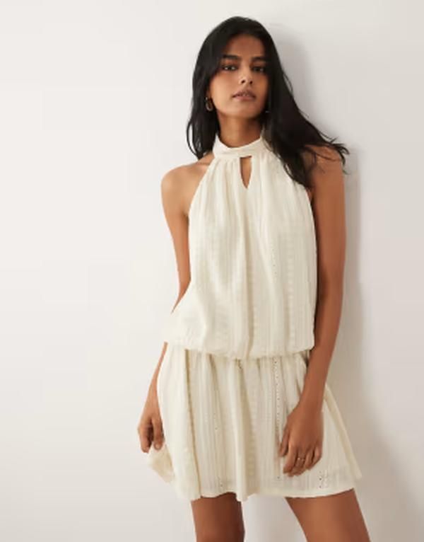 エイソス レディース トップス ワンピース ミニ ジャージー ホルター ASOS DESIGN jersey broderie halter mini dress in cream クリーム