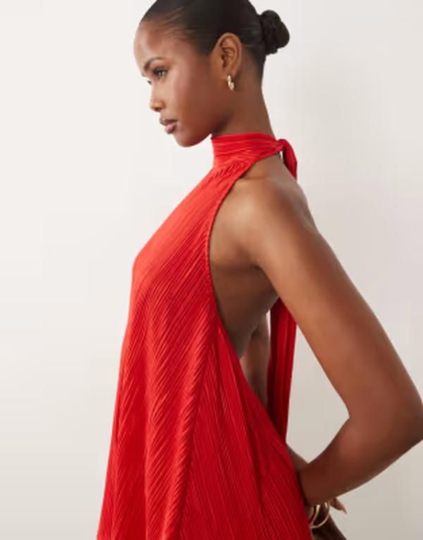 エイソス レディース トップス ワンピース フリル裾 フリル ミニ ホルター ASOS DESIGN plisse halter neck mini dress with ruffle hem Red レッド