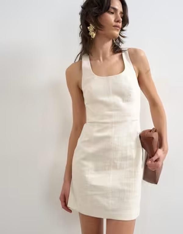 トップショップ レディース トップス ワンピース ミニ コットン Topshop cotton scoop neck heavy twill seamed mini dress Off white オフホワイト