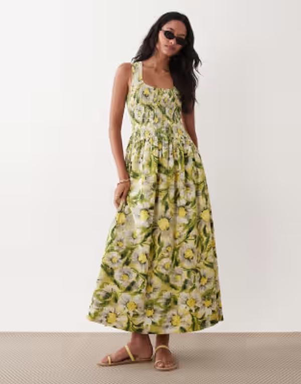 エイソス レディース トップス ワンピース プリント マキシ ASOS DESIGN crinkle scoop neck maxi sundress with shirred waist in yellow daisy print Yellow Daisy