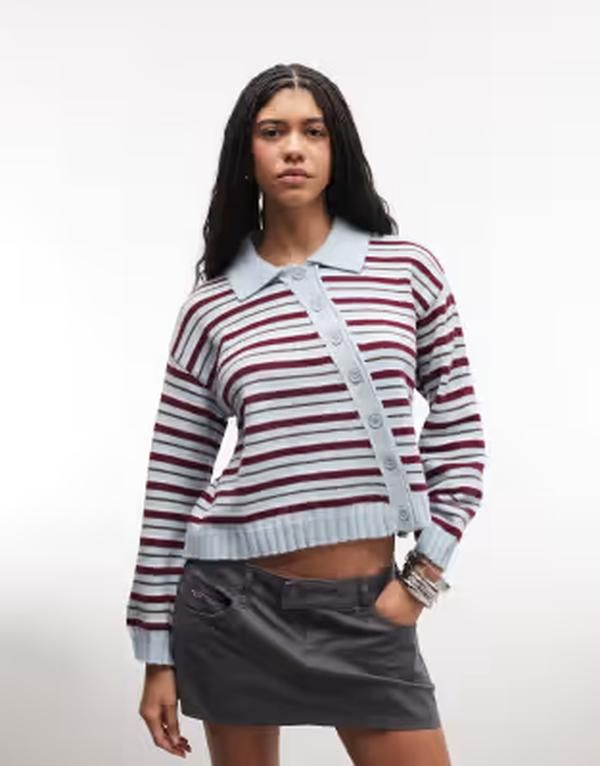 リクレイム ヴィンテージ レディース アウター カーディガン アシンメトリー Reclaimed Vintage striped asymmetricardigand blue stripes Blue Pink Stripe ブルー