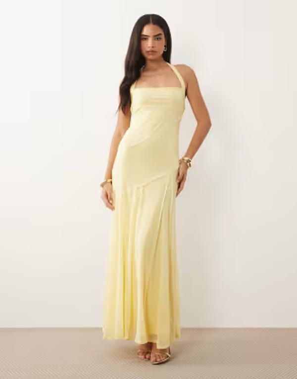 エイソス レディース トップス ワンピース シフォン マキシ ホルター ASOS DESIGN stretchiffon halter maxi dress with raw seam details in lemon
