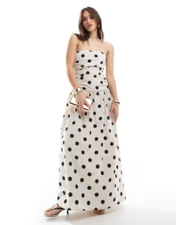 フォースレックレス レディース トップス ワンピース ドット柄 ドット ギャザー リネン マキシ 4th Reckless contains linen bandeau ruchedrop waist maxi dress in cream black pol