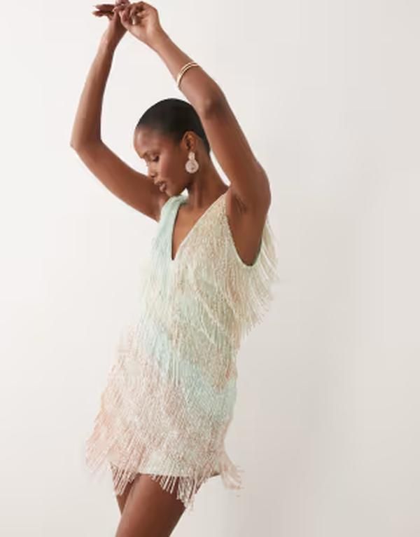 エイソス レディース トップス ワンピース Vネック ミニ フリンジ ASOS DESIGN embellished fringe v neck mini dress in turquoise Multi マルチカラー