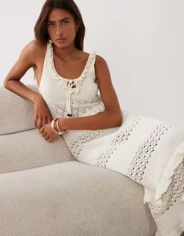 ミスセルフフリッジ レディース トップス ワンピース Misselfridge frill detailing crochet midaxi dress in cream クリーム