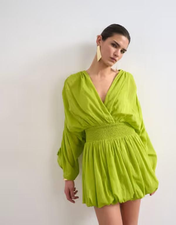 トップショップ レディース トップス ワンピース ミニ コットン Topshop cotton long sleevedeeplunge bubble hemini dress in lime ライム