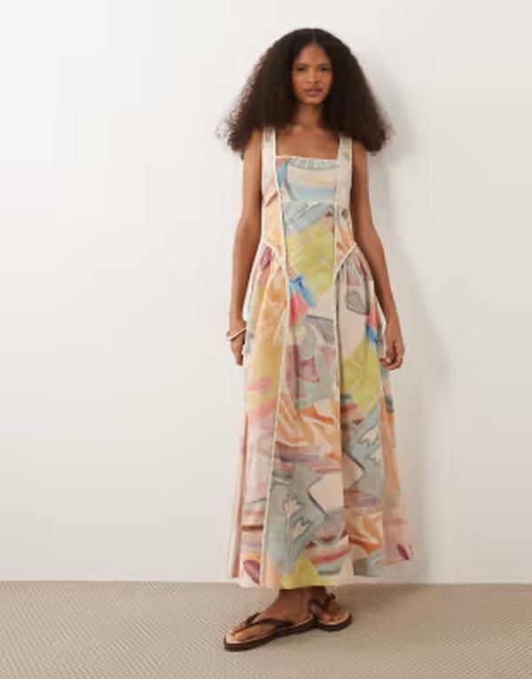 エイソス レディース トップス ワンピース プリント ミディ コントラスト ASOS DESIGN square neck midi dress with sculpted bust and contrast piping in print