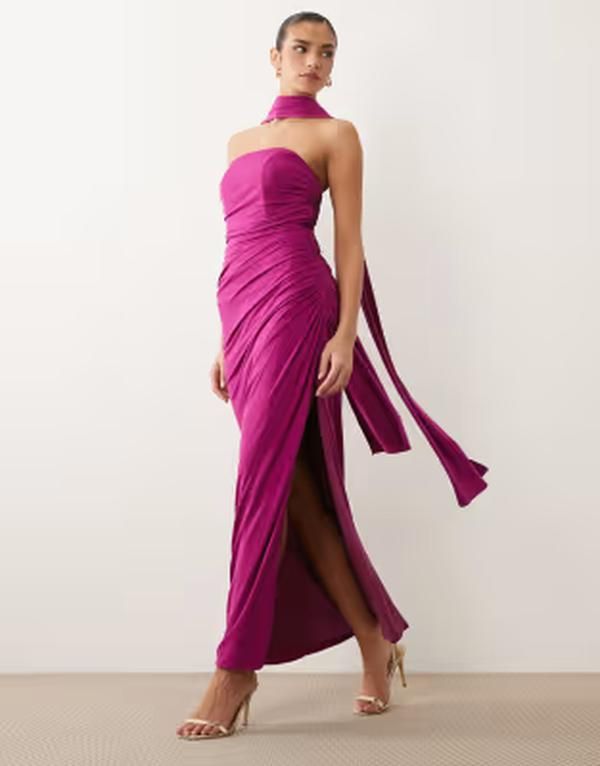 ティエフエヌシー レディース トップス ワンピース ギャザー ストラップレス マキシ TFNC slinky strapless ruched maxi dress with scarf in fuchsia フューシャ