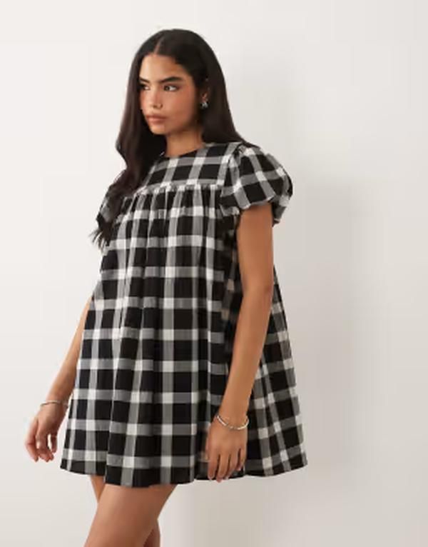 エイソス レディース トップス ワンピース ミニ ASOS DESIGN puff sleeve baby doll mini dress in mono check Mono check チェック