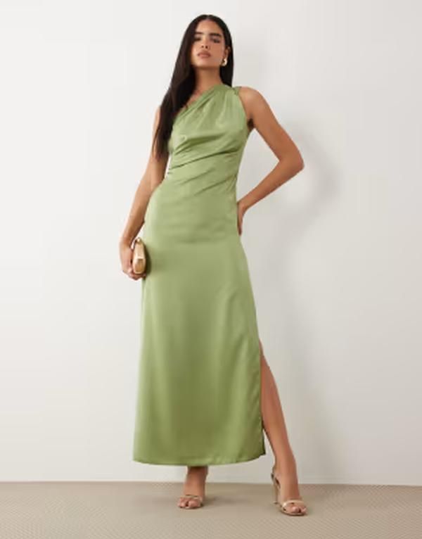 エイソス レディース トップス ワンピース サテン マキシ ASOS DESIGN one shoulder satin maxi dress with pleat detail in sage Green グリーン