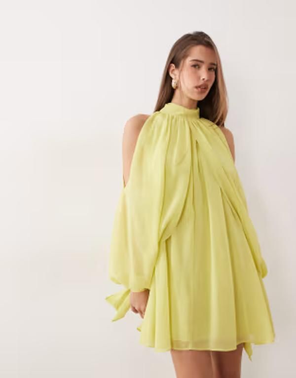 エイソス レディース トップス ワンピース シフォン ハイネック ミニ ASOS DESIGN high neck chiffon mini dress with open sleeve in lime green ライム