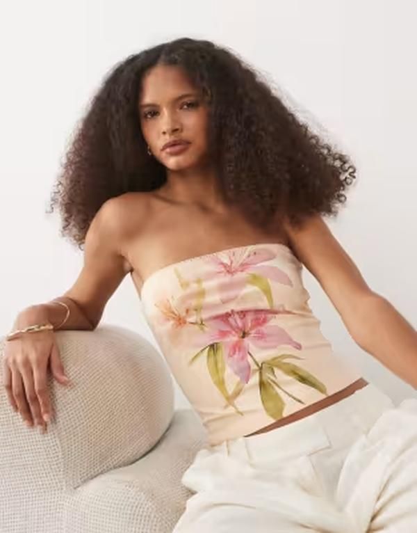 ミスセルフフリッジ レディース トップス シャツ プリント Misselfridge bandeau tube top with flower print in peach ピーチ
