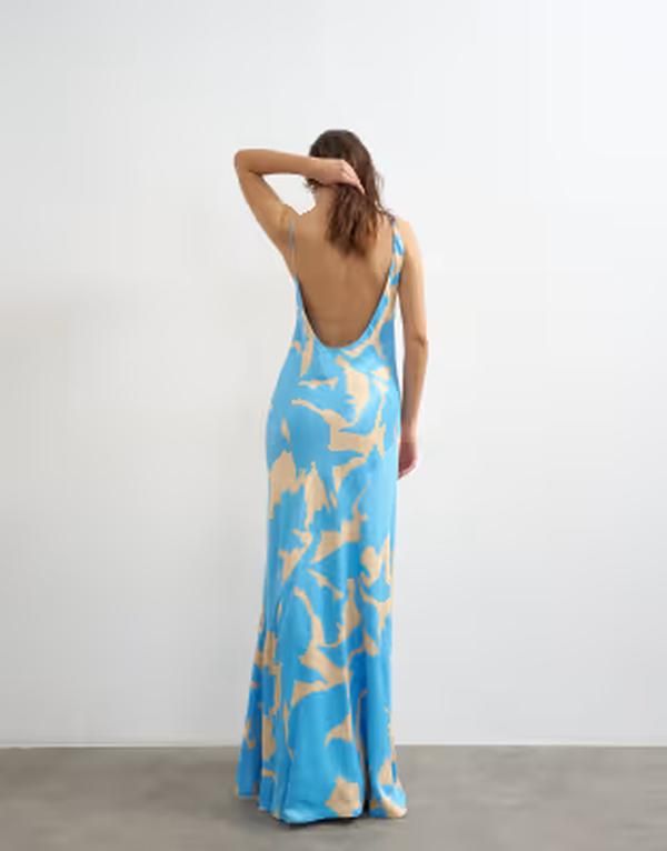 トップショップ レディース トップス ワンピース フラワー柄 サテン マキシ フラワー ホルター Topshop bias cut halter neck open scoop back satin maxi dress floral Blue floral