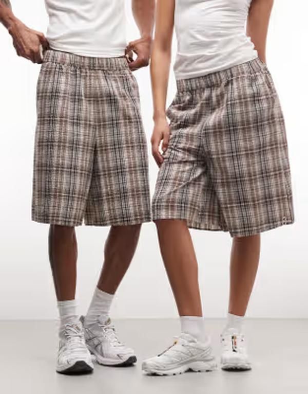 コルージョン レディース ボトムス ハーフパンツ・ショーツ ショートパンツ COLLUSION Unisex longline shorts check BROWN PLAID ブラウン
