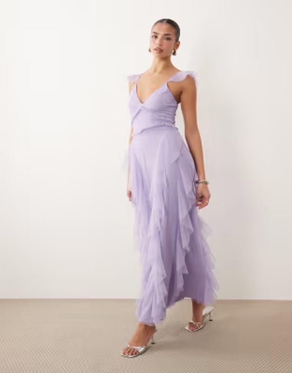 レース アンド ビーズ レディース トップス ワンピース チュール フリル マキシ Lace Beads flutter sleeve ruffle trim tulle maxi dress in lilac ライラック