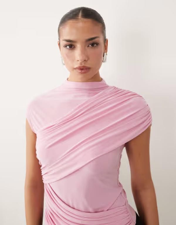 エイソス レディース トップス シャツ ドレープ ギャザー ASOS DESIGN slinky ruchedrape detail top in pastel pink ピンク