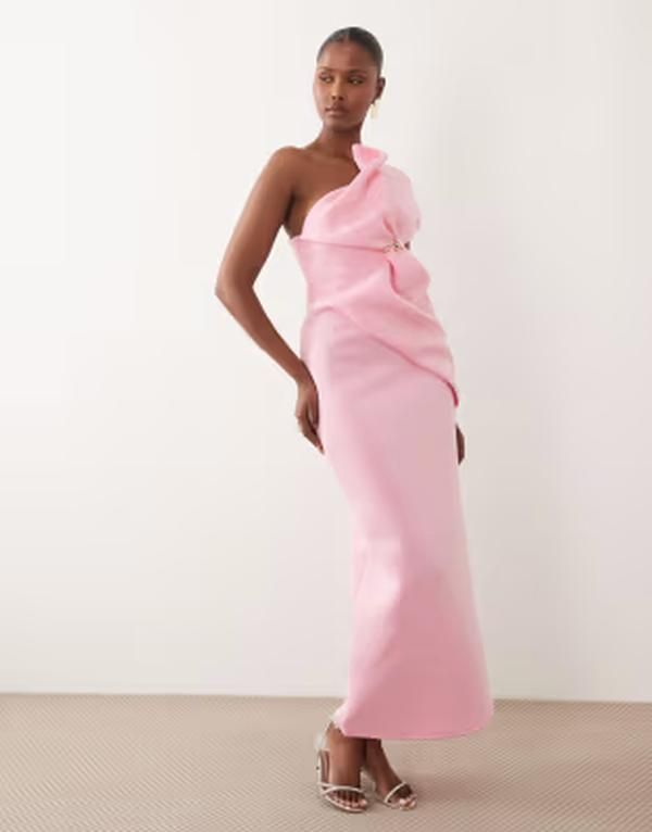 エイソス レディース トップス ワンピース アシンメトリー スキューバ ASOS DESIGN asymmetric one shoulder midaxi dress with trim in light pink scubastyle fabric Lig