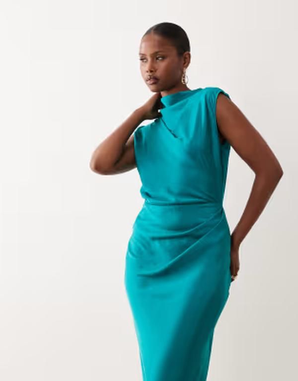 エイソス レディース トップス ワンピース ハイネック プリーツ ミディ サテン ASOS DESIGN satin high neck pleated bodice midi dress in brighteal Teal ティール