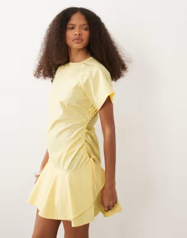 エイソス レディース トップス ワンピース ミニ ASOS DESIGN poplin short sleeve mini dress with ruching tie waist detail in butter yellow Butter yellow イ