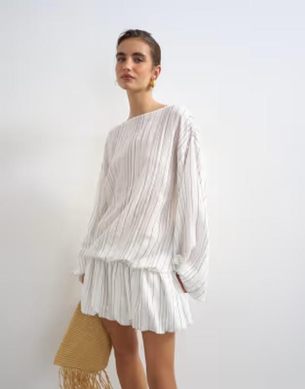 トップショップ レディース トップス ワンピース ミニ Topshop long sleeve blouson mini dresstripes White Stripe ホワイト