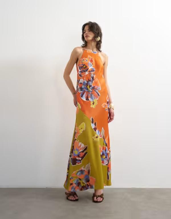 トップショップ レディース トップス ワンピース フラワー柄 サテン コントラスト マキシ フラワー ホルター Topshop bias cut halter neck open scoop back satin maxi dress in bold cont