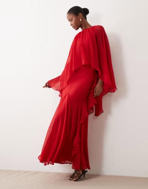 エイソス レディース トップス ワンピース ケープデザイン フリル キャップ ケープ マキシ ASOS DESIGN full cape sleeve maxi dress with ruffles RED レッド
