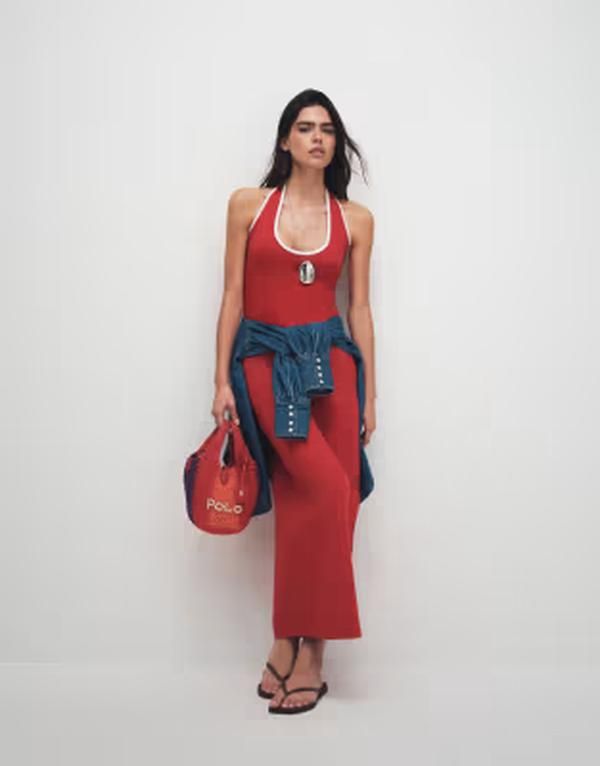 エイソス レディース トップス ワンピース ミディ コントラスト ホルター ASOS DESIGN halter midi dress with white contrastrim Red And White ホワイト
