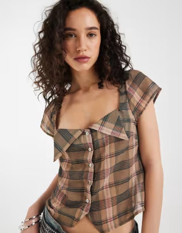 モーテル レディース トップス シャツ ブラウス Motel Meraki square neck button up blouse in blurry pink brown plaid BROWN ブラウン