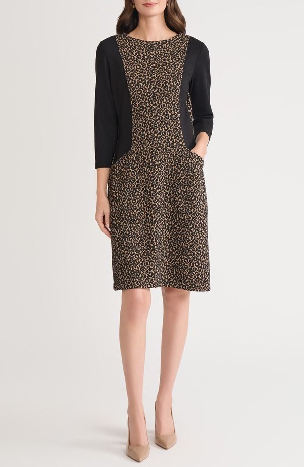 カスパール レディース トップス ワンピース プリント コントラスト KASPER Contrast Detaileopard Print Dress Dark Camel Black ブラック