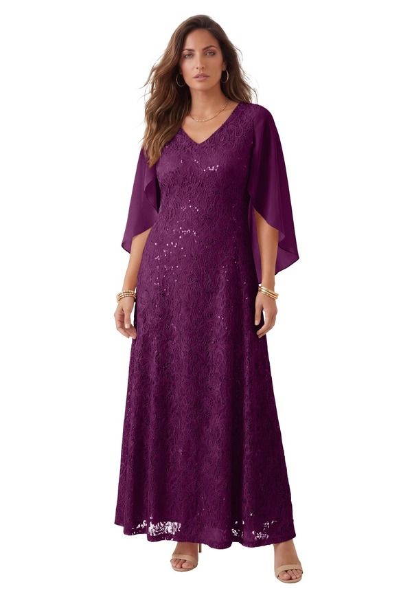 ロアマンズ レディース トップス ワンピース プラスサイズ キャップ ケープ レース Roamans PlusSize Allover Lace Gown With Capelet Dark Berry
