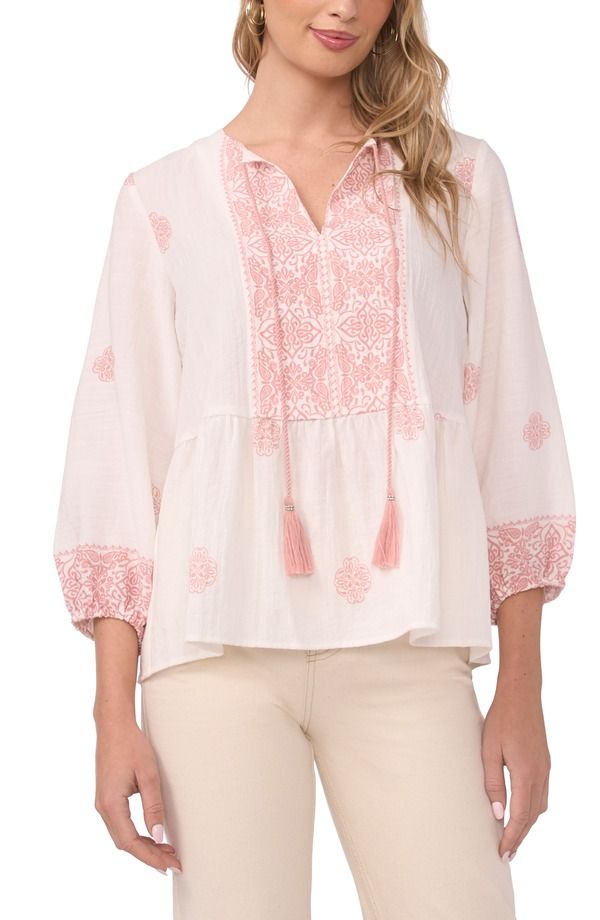 ヴィンスカムート レディース トップス シャツ 刺繍 Vince Camuto Embroidered Tie Neck Peasantop Rose Hip