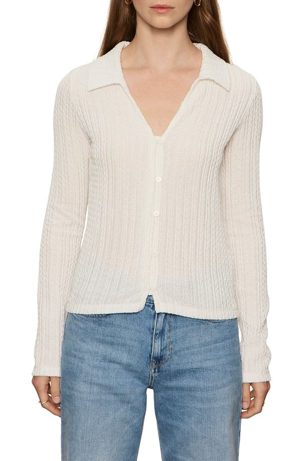 サンクチュアリー レディース トップス シャツ コットン ニット Sanctuary Textured Stripe Cotton Blend Knit ButtonUp Shirt Chalk White ホワイト